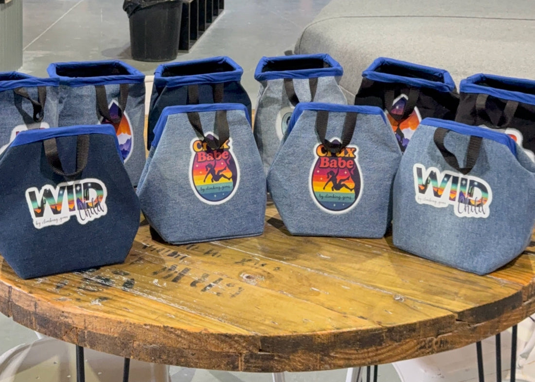 Denim boulder buckets made from upcycled jeans by Climbing Gems