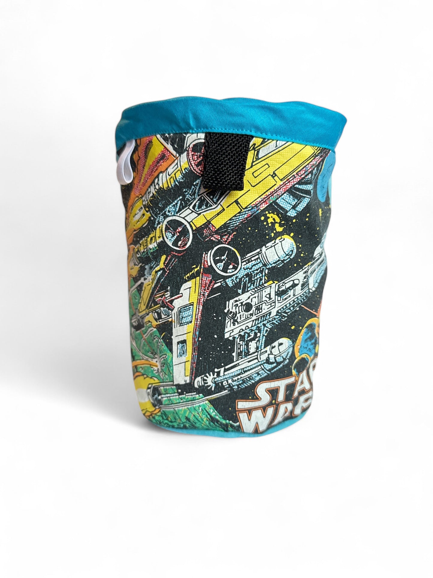 Death Star Battle Chalkbag featuring Star Wars-inspired designs, handcrafted from upcycled materials with a secure magnetic closure.