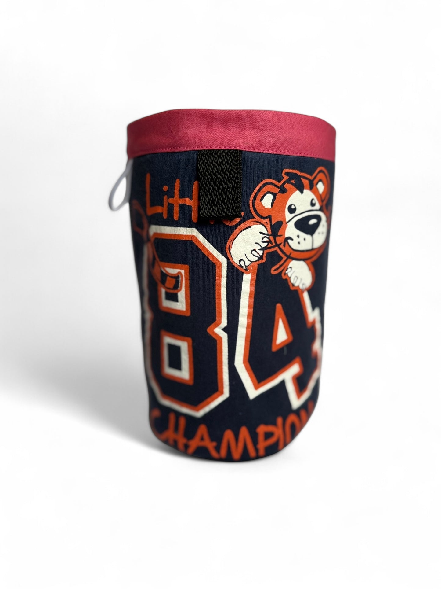 Magnetic Chalkbag from upcycled material featuring a litte tiger with little champion and the number 84