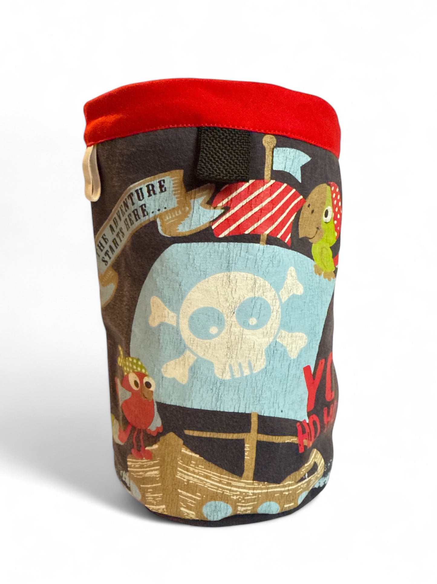 Kids design of a pirate ship chalkbag made from upcycled material with secure magnetic closure