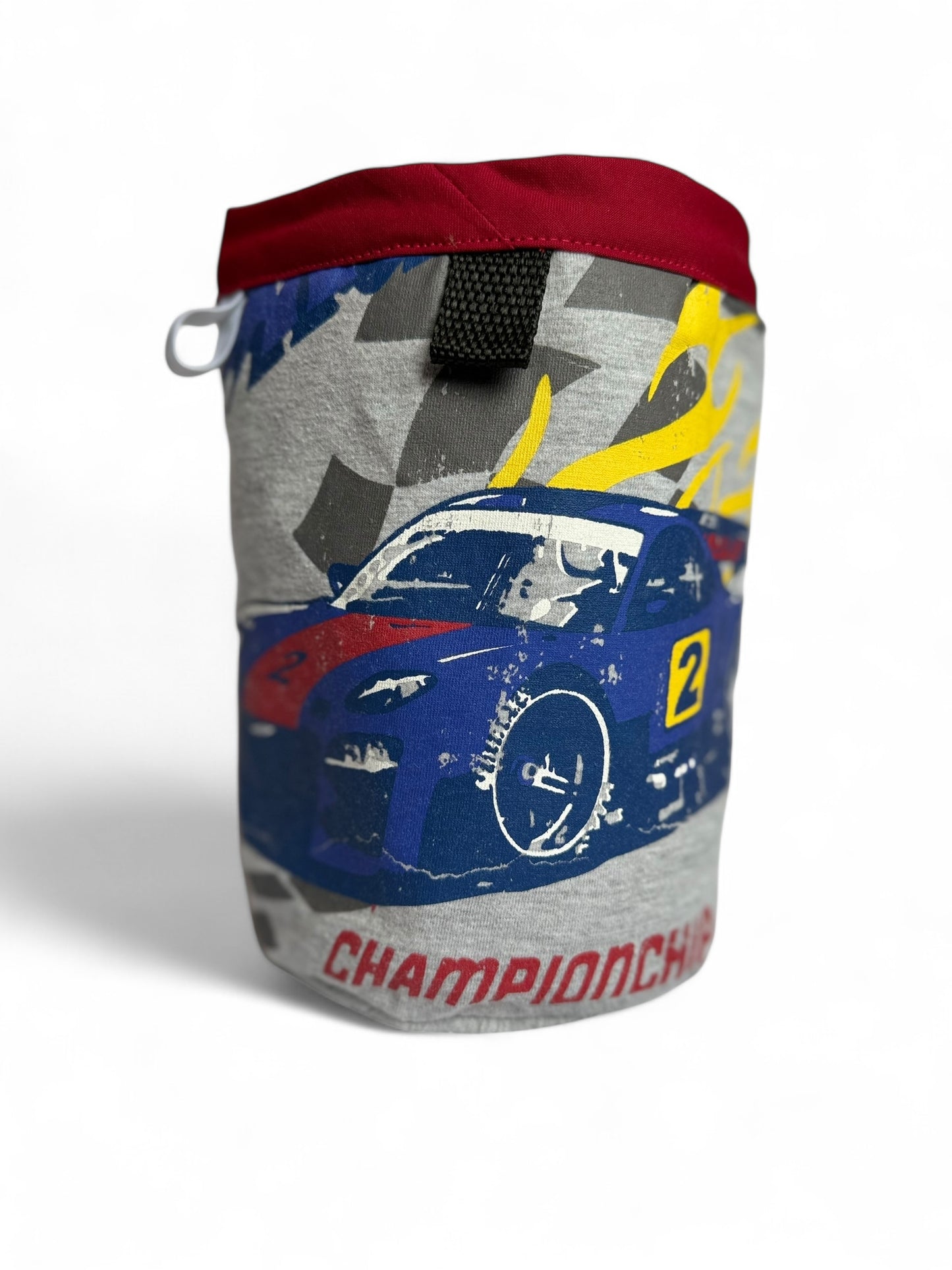 Handmade chalkbag from upcycled racecar tshirt with magnetic closure