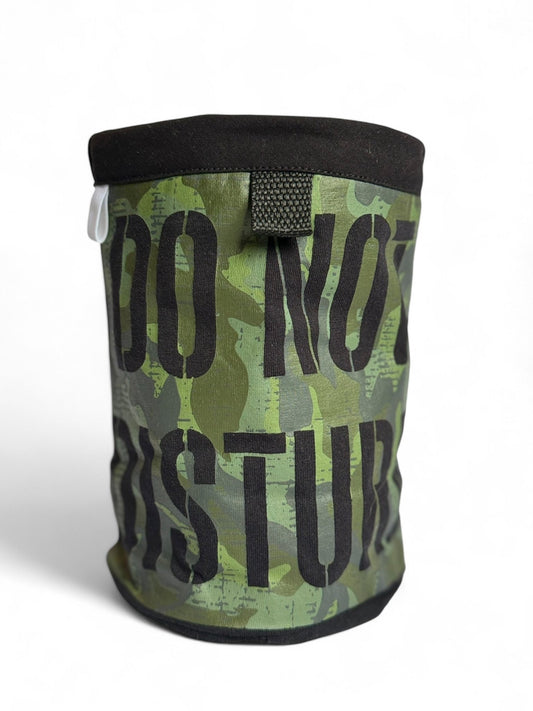 Army Pattern Chalk Bag with 'Do Not Disturb' phrase, handcrafted from upcycled materials with a secure magnetic closure.