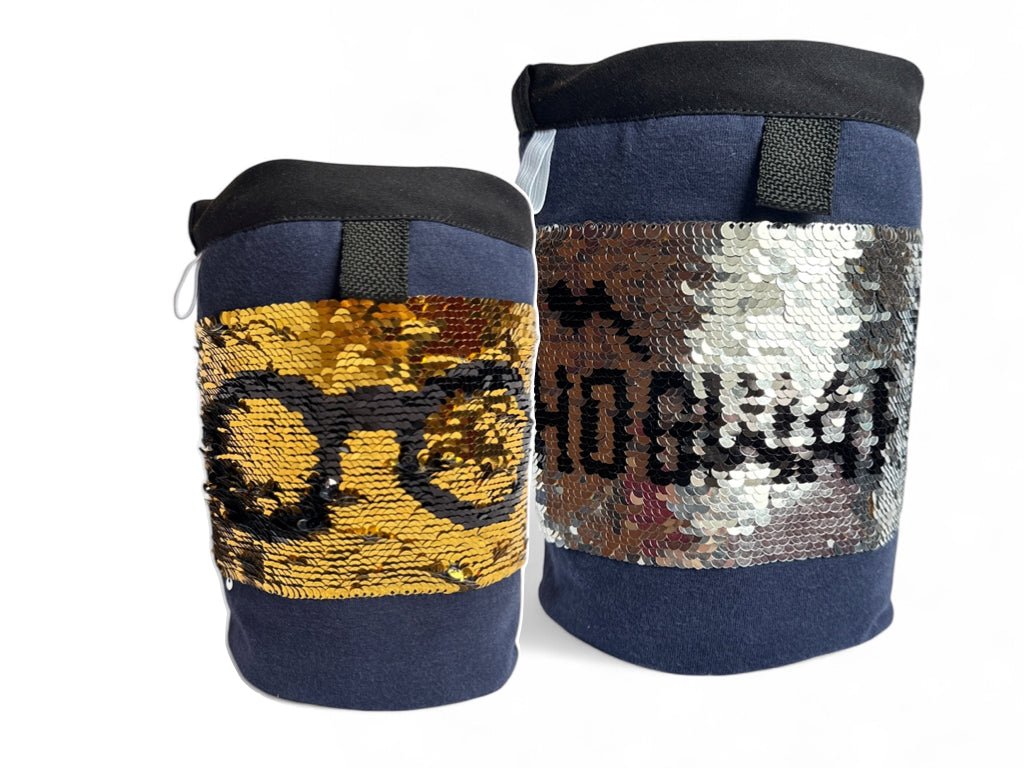 navy chalk bag with reversible sequins hogwarts and harry potter glasses