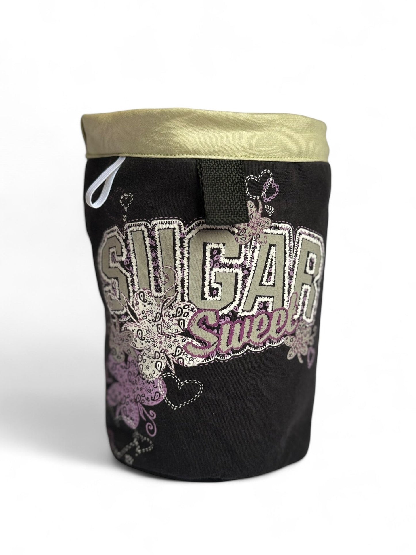 Chalk Bag with 'Sugar and Sweet' phrase, handcrafted from upcycled materials with a secure magnetic closure.