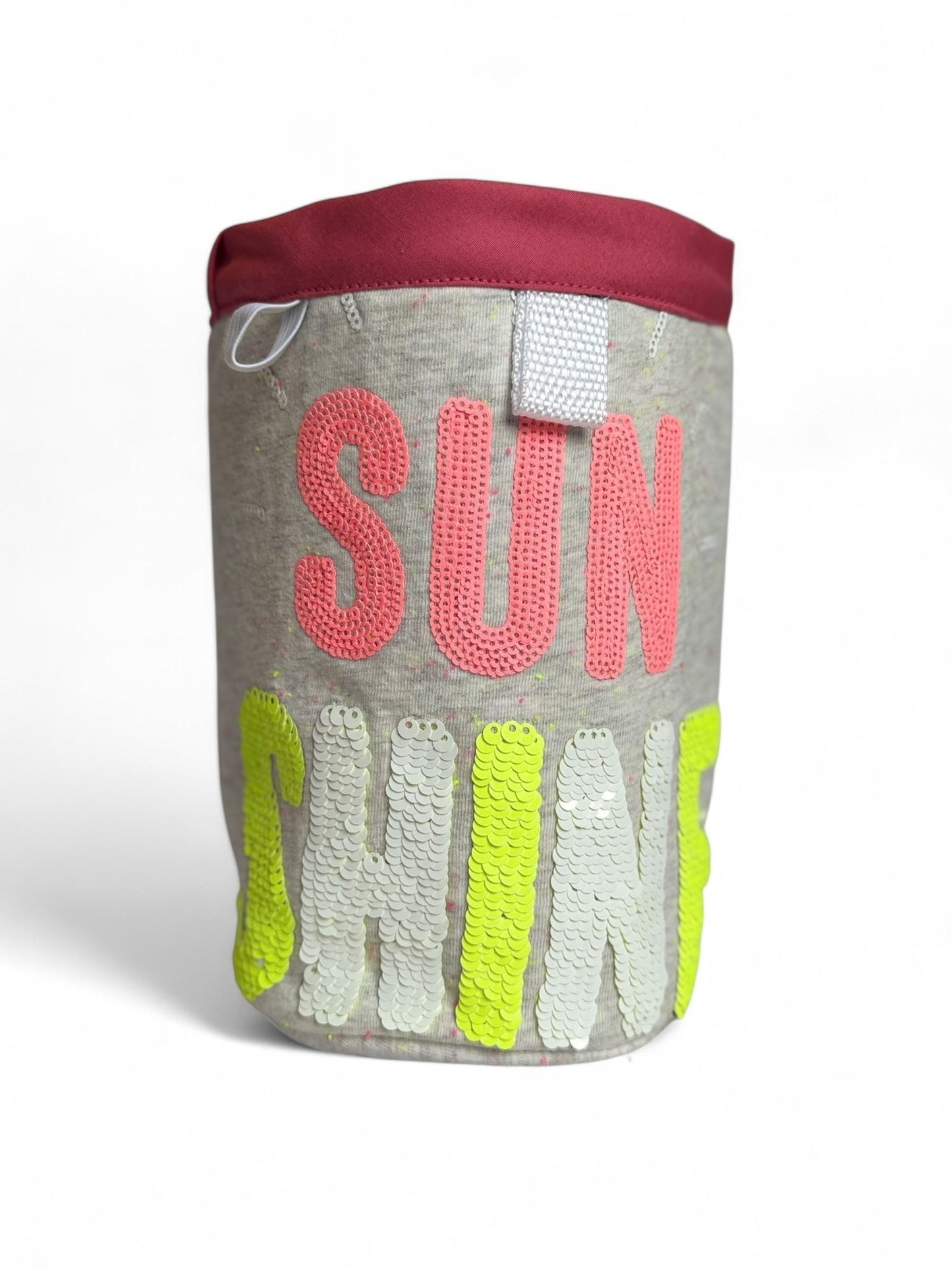 halk Bag with 'Sun Shine' sequined phrase, handcrafted from upcycled materials with a secure magnetic closure