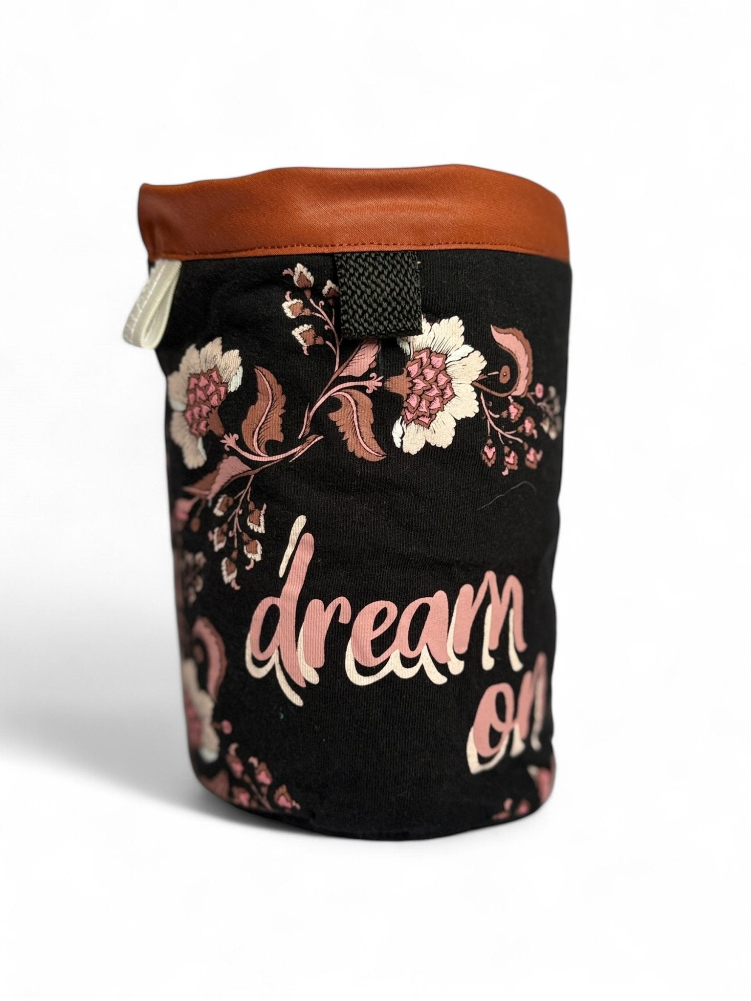 Chalk Bag with 'Dream On' phrase, handcrafted from upcycled materials with a secure magnetic closure.