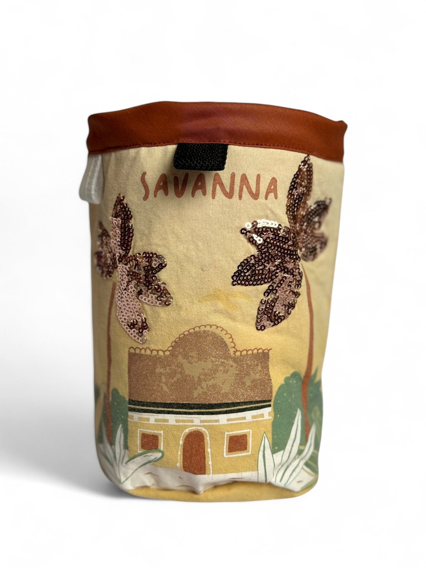 Sparkly Savanna Chalkbag featuring a dazzling savanna landscape design, handcrafted from upcycled materials with a secure magnetic closure.