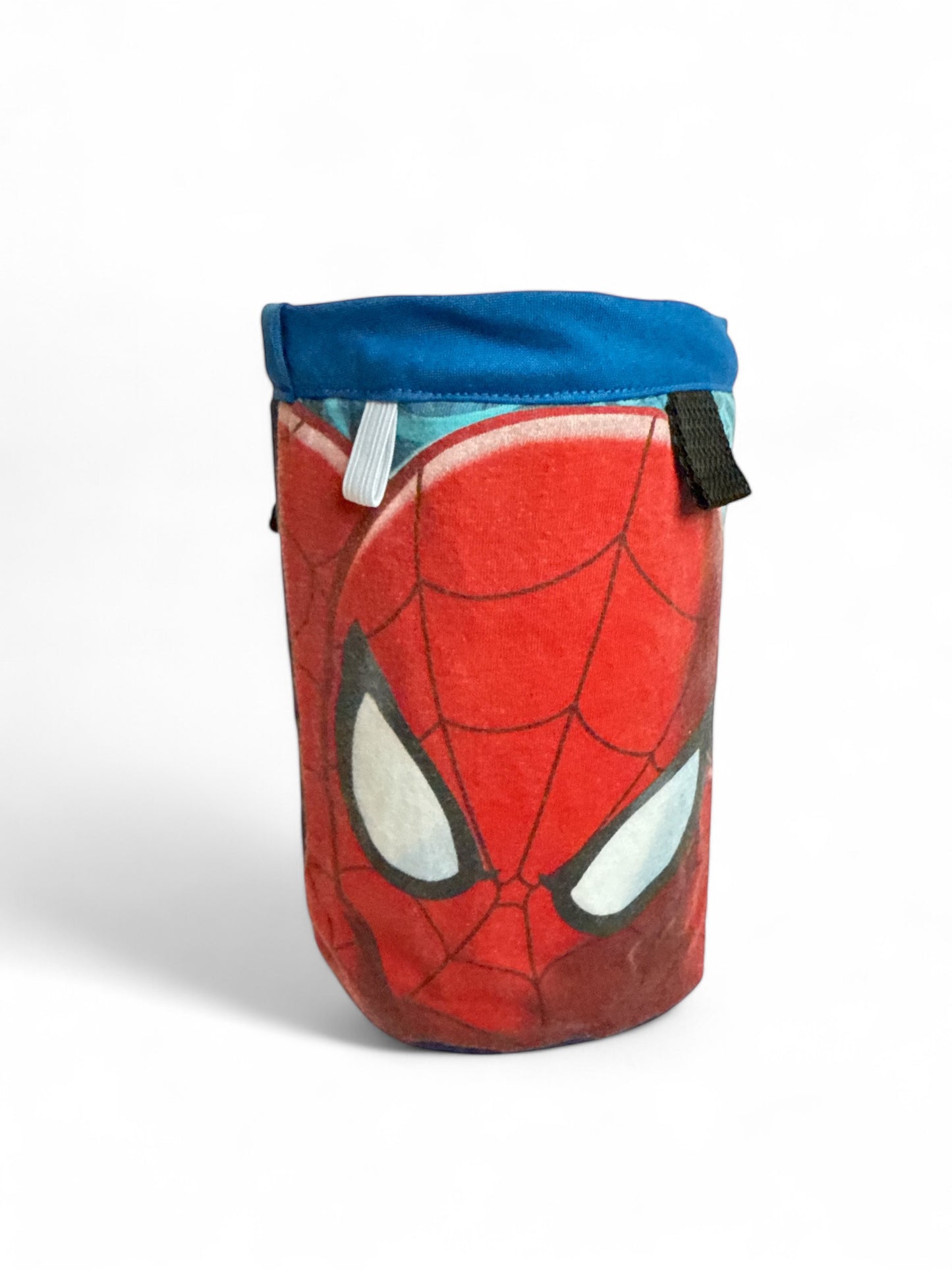 Spider-Man Chalk Bag featuring iconic web-slinger design, handcrafted from upcycled materials with a secure magnetic closure.