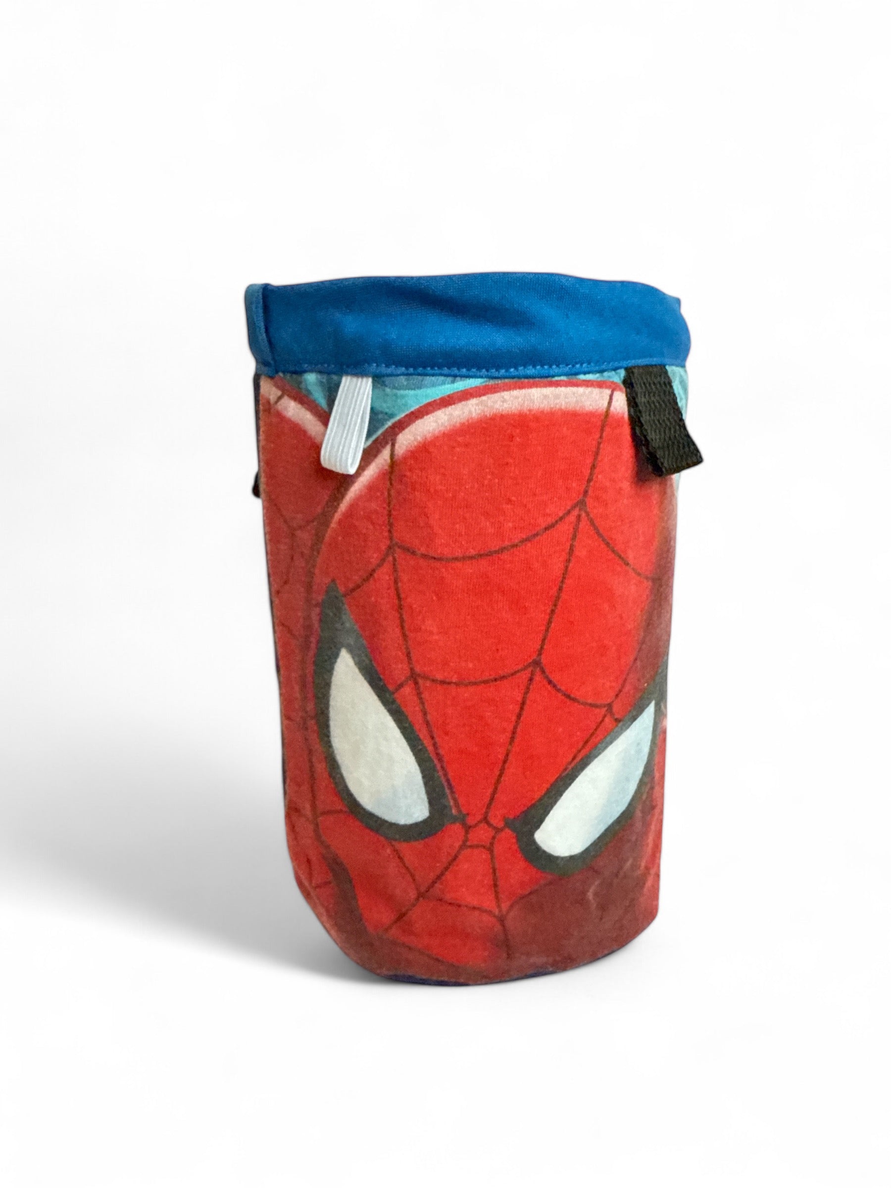 Spider-Man Chalk Bag featuring iconic web-slinger design, handcrafted from upcycled materials with a secure magnetic closure.