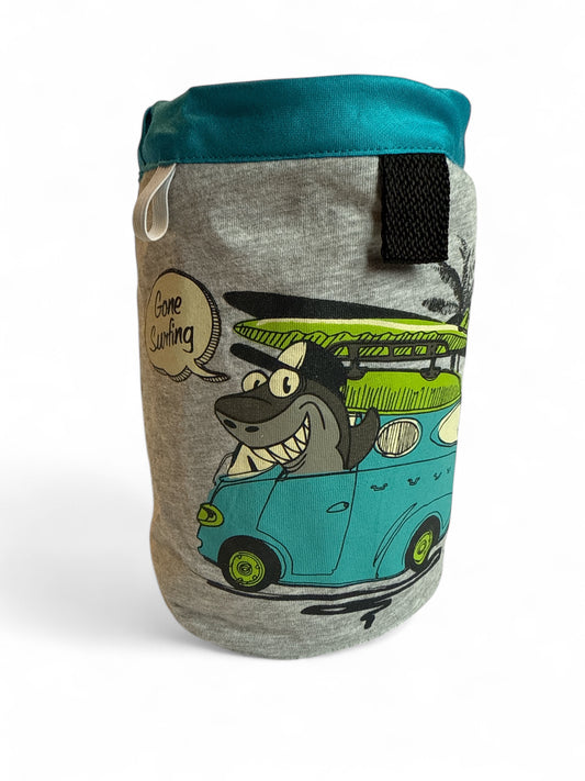 shark in van with surfboard chalkbag